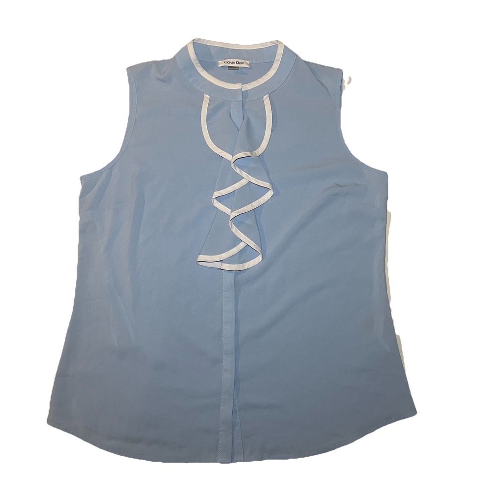 Calvin Klein Light Blue Sleeveless Blouse L Ruffle Contrast Trim Polyester
